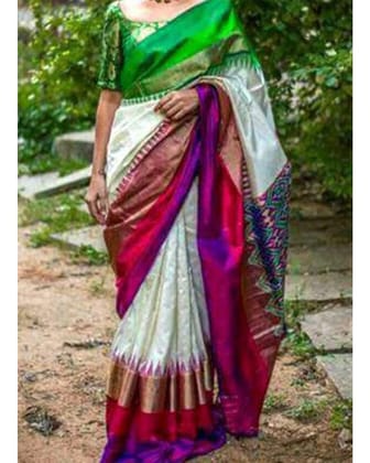 CREAM WITH PURPLE AND GREEN COLOR SILK IKKAT SAREE