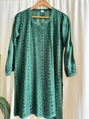 Chikankari Muslin short Top in Green-Green / cotton / L