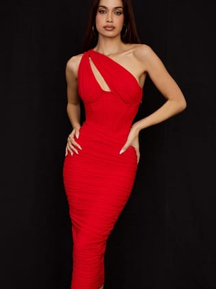 One Shoulder Mesh Hollow Out Dress-M / Red