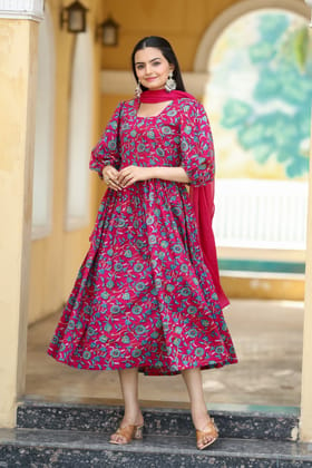 Sycron's Pure Cotton Printed Maxi Dress with Dupatta-M(38")