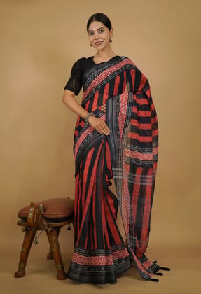 Beautiful Overall Stripes With Printed Border Red & black linen Cotton Wrap in 1 minute saree-S