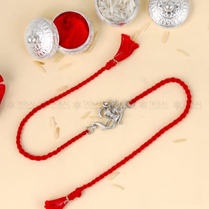 925 Sterling silver Om with trishul design pendant Rakhi bracelet Rakshabandhan festival rk362-Red Thread