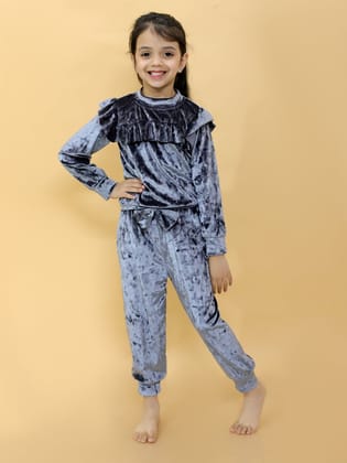 Stuffie Land Girls Self Design Frill Top With Trousers-Grey / 3-4Y