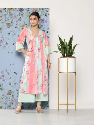 Women Floral Printed Pleated Gotta Patti Kurta With Palazzos