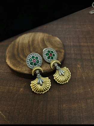 Dual-Tone Oxidized Silver Danglers with Floral Design | Sarichka-Red+Green