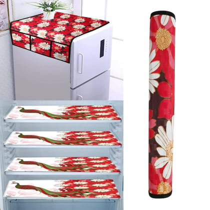 WISHLAND Single Door Fridge Cover Combo Set pf 1 Fridge Top Cover + 1 Fridge Handle Cover + 4 Multipurpose Fridge Mats (Red)