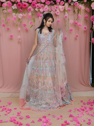 Multi Color Net Fabric Gown with Mirror Work & Embroidery by Shreekama-Multi Color / Free Size