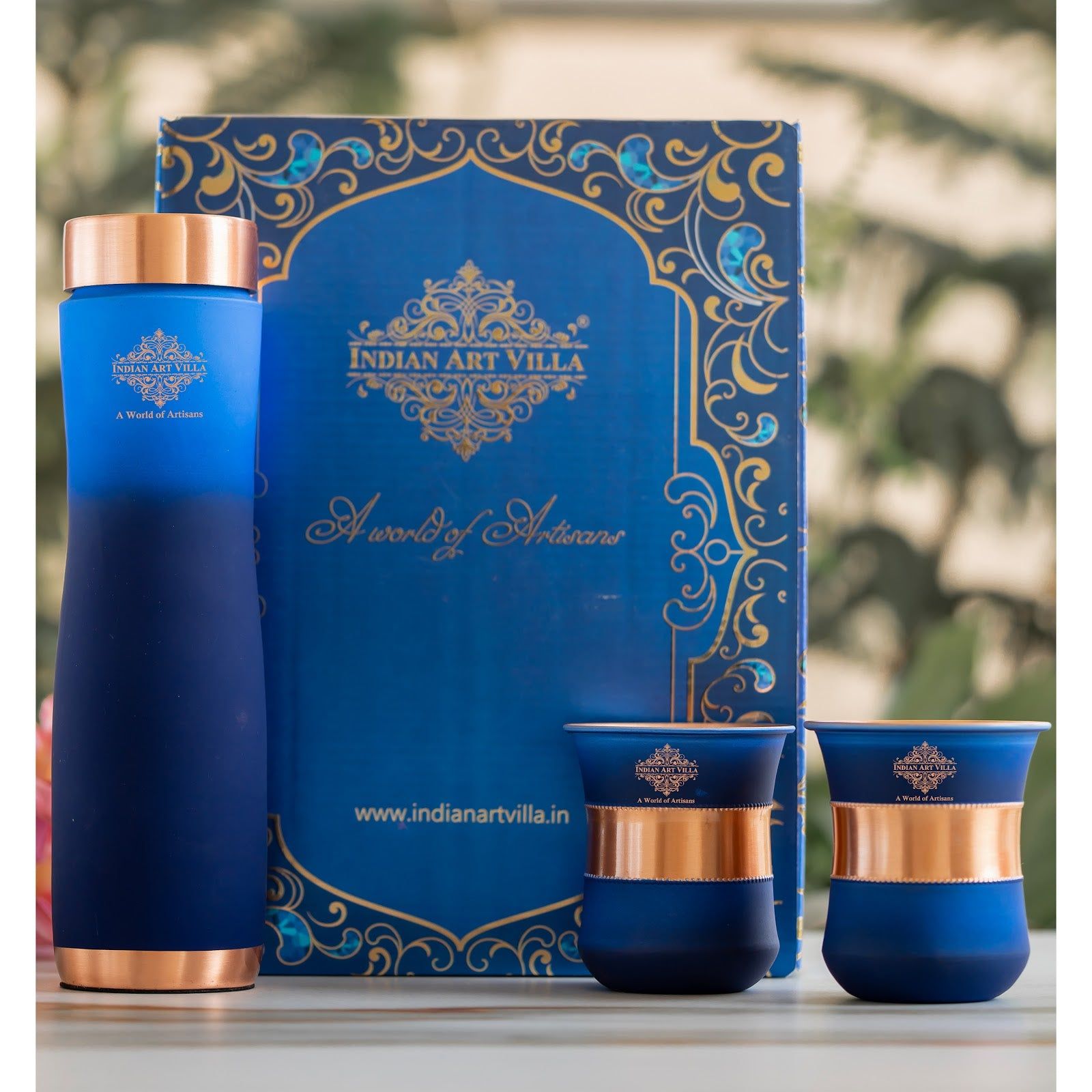 Indian Art Villa Matte Blue Ombre Copper Bottle and Glass Set with Royal Look –  Perfect for Adding a Touch of Luxury, Bottle-900 Ml, Glass-275Ml