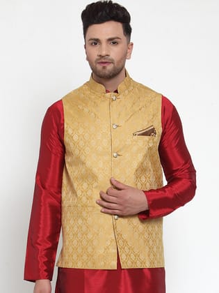 Jompers Men's Gold Woven Jacquard Nehru Jacket-S / Golden