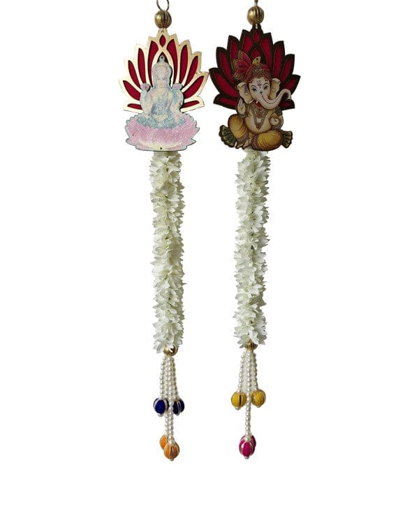 Goddess Lakshmi and Lord Ganesha Wall Hanging Floral Garlands and Beaded Accents, 26 Inch x 5 Inch