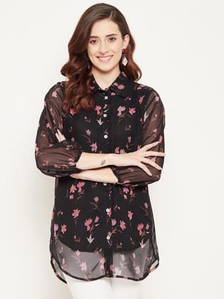 Floral Printed Shirt Collar Tunic