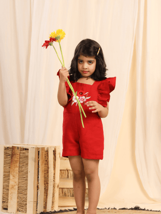 Red Linen Embroided Playsuit-1-2 years