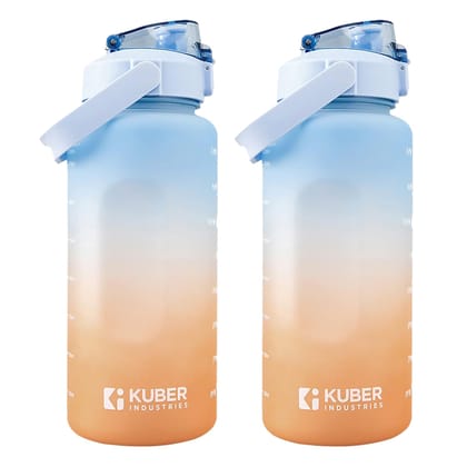 Kuber Industries 2L Motivational Water Bottle, BPA Free, Leakproof, Durable, with Straw, for Kids & Adults, Gym, Home, Office, School, Blue, Pack of 2-Kuber Industries 2L Water Bottle with Time M