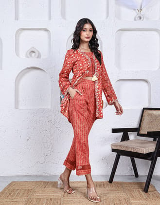 Kesariya Embroidered Printed Co-ord Set 3 Pcs-XL