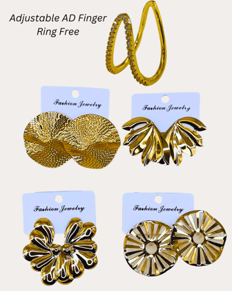 Anti Tarnish  Different Shaped 4 PCS COMBO  Earrings With Free Adjustable Finger Ring