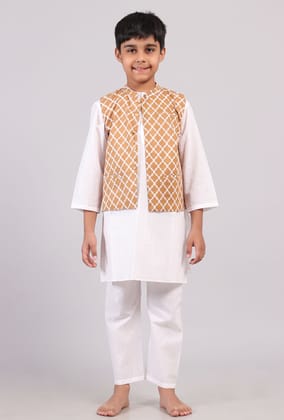 Beige Mustard Nehru Cotton Jacket-5-6Y