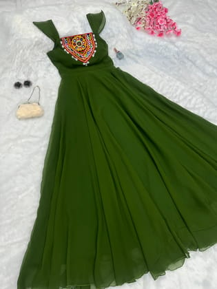 Navratri Special Green Pure Georgette Embroidery Work With Real Mirror And Kodi Handwork Anarkali Gown-XS