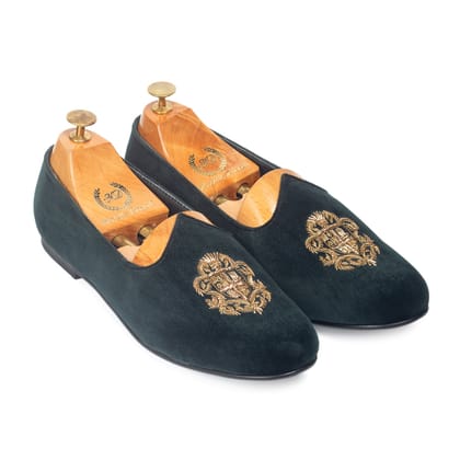 Royal Crest©️ Velvet Juttis (Bottle Green)(Patent Copyright Artwork)(Last Piece Size 40/6)-EU 40 / UK 6 / Bottle Green