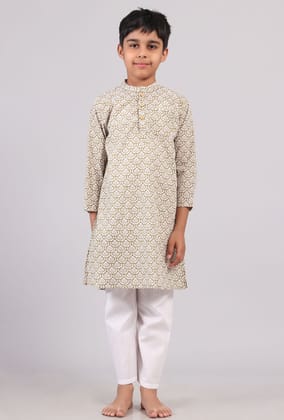 Set of 2: Mustard Beige Floral Hand Block Print Kurta Pyjama Set-7-8Y