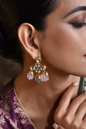 Bhaaneri Multicolor Gold Plated Kundan Dangler Earrings-Kundan