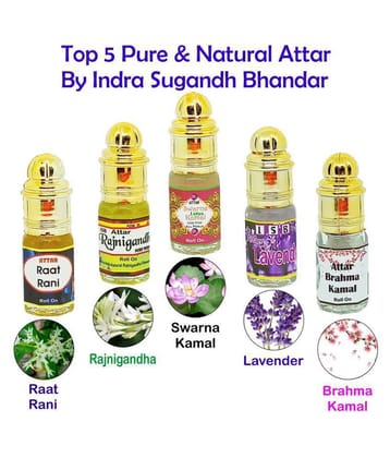 INDRA SUGANDH BHANDAR - Raat Rani, Rajnigandha, Swarna Kamal, Lavender, Brahma Kamal Attar For Men & Women 3mlEach Pack Of 5