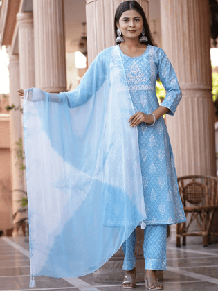 Cotton Printed Embroidery Kurta Set for Women 3pc Set-Sky Blue / L