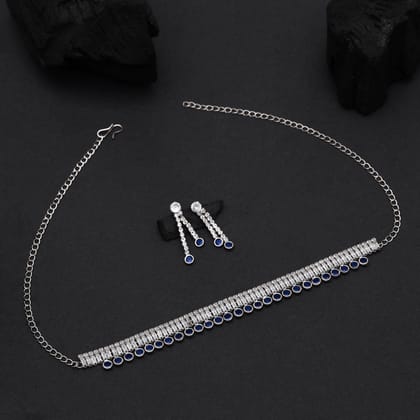 Blue Color Stone Necklace Set-Adjustable Chain / Blue / Alloy With Good Quality Silver Plated