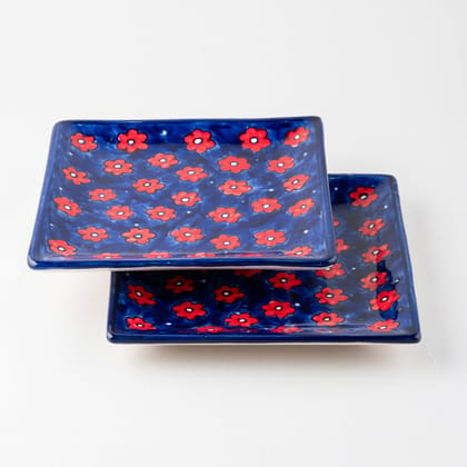 Red and Blue Floral Ceramic Square Serving Platter Set of 2-7 Inches / Ceramic