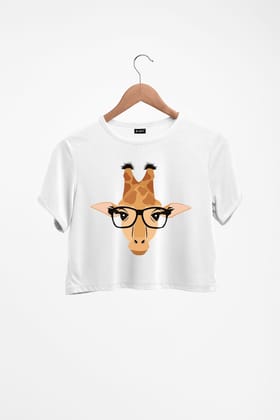 Giraffe With Glasses Printed Crop Top-Radiant White / XS