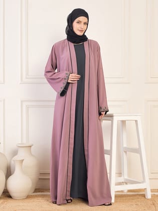 Nabia Pink and Olive Black Solid Luxury Handworked Abaya Burqa for Women with Black Hijab-XS / 56