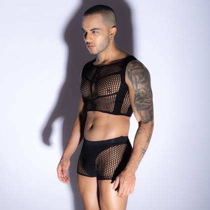 Panteazy's Mesh 2 part Bodysuit for Men Black Free Size See Through Men Lingerie Holiday Honeymoon Gift for men-FREE / BLACK / Crop Top Dress Style