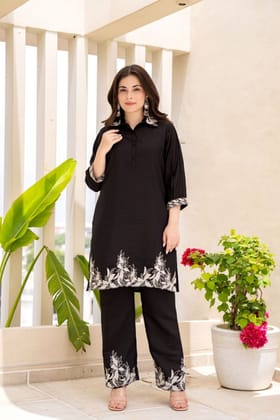 CONFIDENT BLACK EMBROIDERED KURTA CORD SET-Black / M