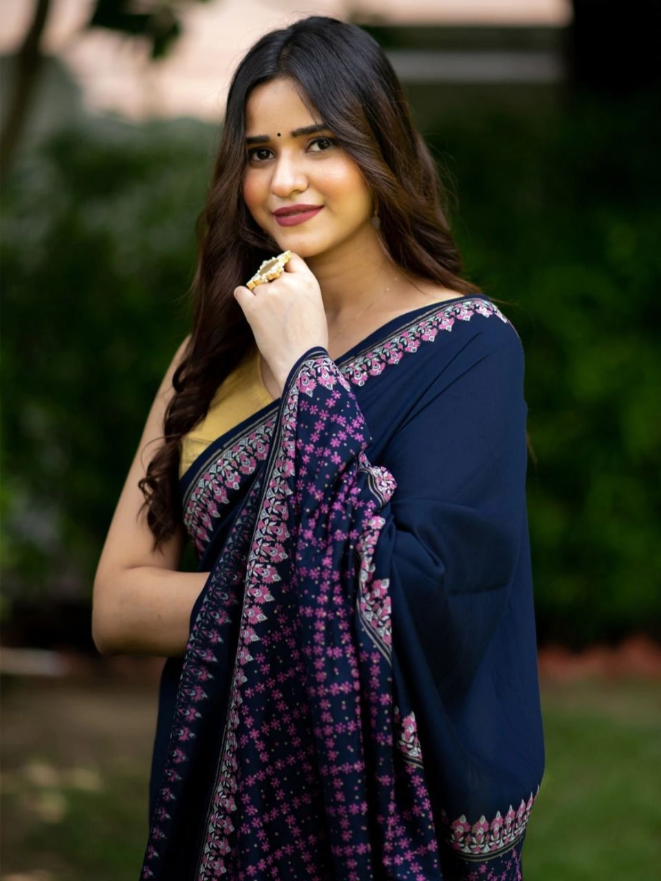 Nevy blue chex Bold Cloud Ajrakh Handmade Cotton Saree