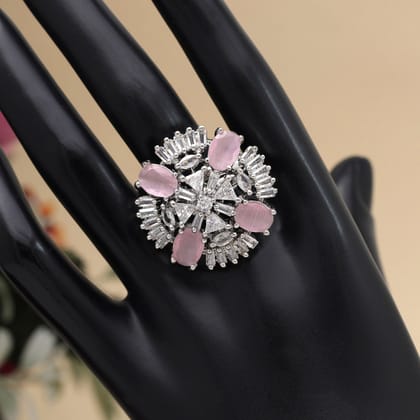 Pink Color American Diamond Finger Ring-Ring_Size_Adjustable | / Pink / Brass With Good Quality Silver Plated