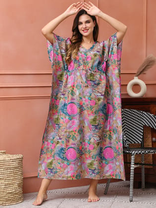 Multi colour Floral Printed Cotton Kaftan For Women-One size