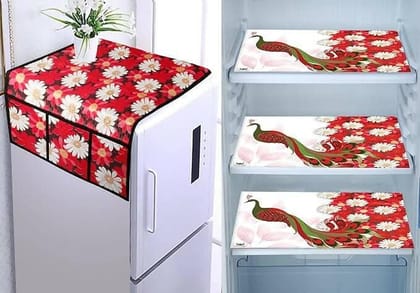 WISHLAND Single Door Fridge Cover Combo Set of 1 Fridge Cover and 3 Multipurpose Fridge Mats