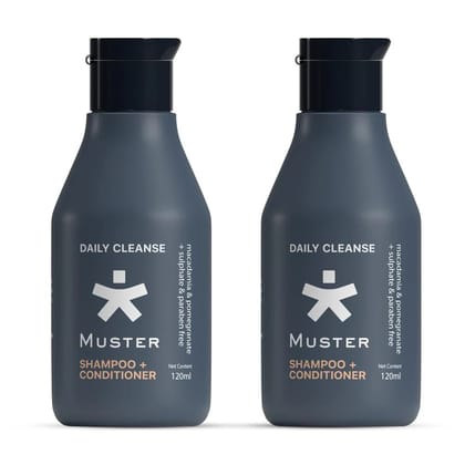 Muster Deep Cleanse Shampoo & Conditioner for Men | 120 ML | Sulphate & Paraben Free | Macadamia and Pomegranate Extracts | 2-in-1 Shampoo+Conditioner | UV Protection | Hair Growth (Pack of 2)