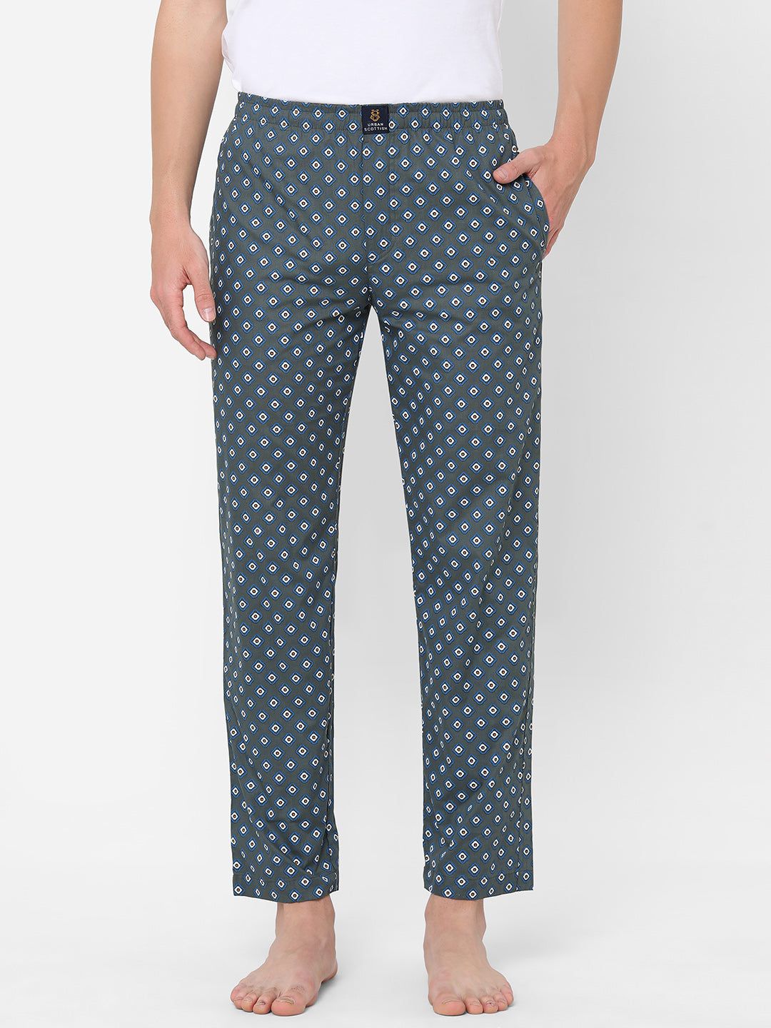 Men's Geometric Print, Blue, Cotton, Regular Fit, Elasticated, Waistband, Pyjama  With Side Pockets-Blue / S