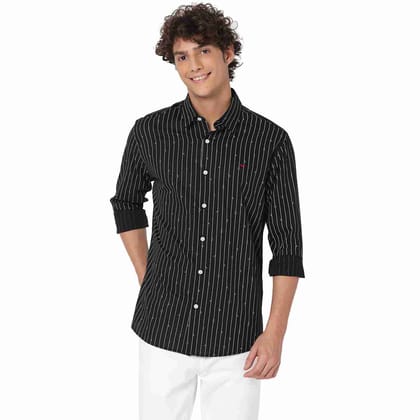 Mufti Black & White Printed Stripe Slim Fit Casual Shirt