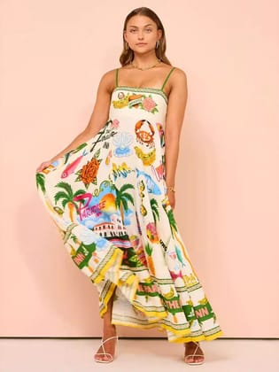 Paradise Graffiti Print Swing Sundress Beach Dress-S / MULTICOLOR