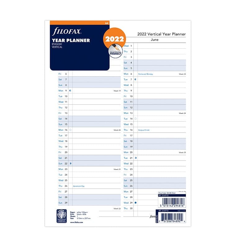 Vertical Year Planner A4 2022