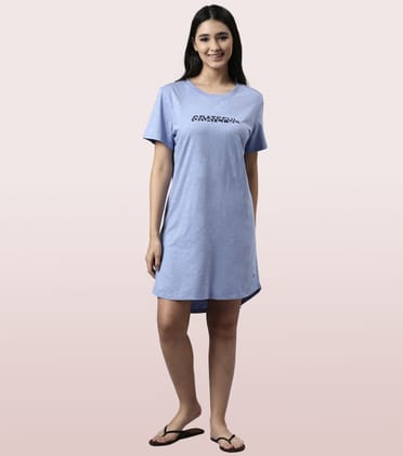 Enamor Basic Dress | Cotton Slounge Mini Dress With Chest Graphic | E802-PURPLE SLATE / M