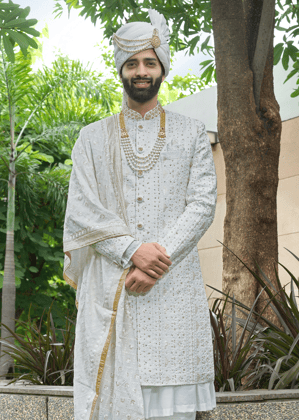 Off White Embroidered Sherwani-White