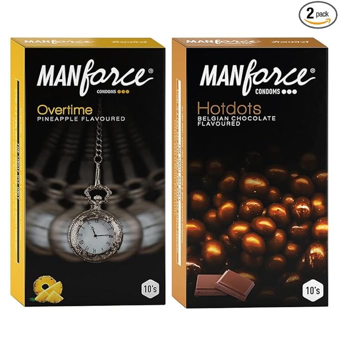 MANFORCE Premium Hotdots Belgian Chocolate with Bigger Dots & Overtime Pineapple 3in1 (Ribbed Contour Dotted) Condoms - 10s (Pack of 2) Condom (Set of 2 20 Sheets)