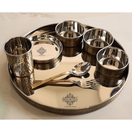 IndianArtVilla Steel Brass Hammered Design Thali Set/ Dinner Set, Antique finish, 33.02 cm 8 Piece set