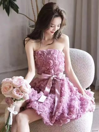 Tube Bandeau Rose Short Dress with Belt-L / BURGUNDY