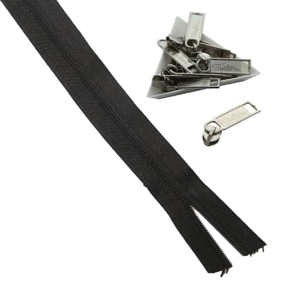 Black Nylon Sewing Zippers (2 Meters) Size 1.38 Inch No:5 / 35 MM With 10 Pieces Steel Zip Pulls Runners Fasteners For Bags And Accessories-Zipper 2 Meters + Pullers 10 Pieces