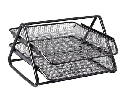 2 Tier Mesh Metal Desk Organiser File Rack Letter Tray A4 Papers Documents, File, Paper, Letter Holder Desk Organizer for Office (Black)