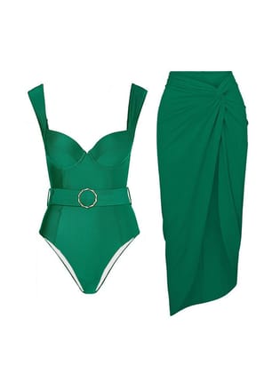 French Retro Swimsuit Skirt Coord Set with Belt-L / Green