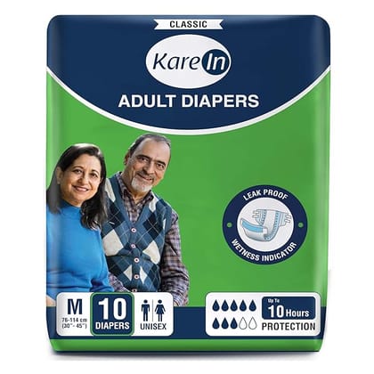 KareIn Classic Adult Diapers, Medium, Waist Size 76-114 Cm (30"-45"), 10 Count, Tape Style, Unisex, High Absorbency, Leak Proof, Wetness Indicator